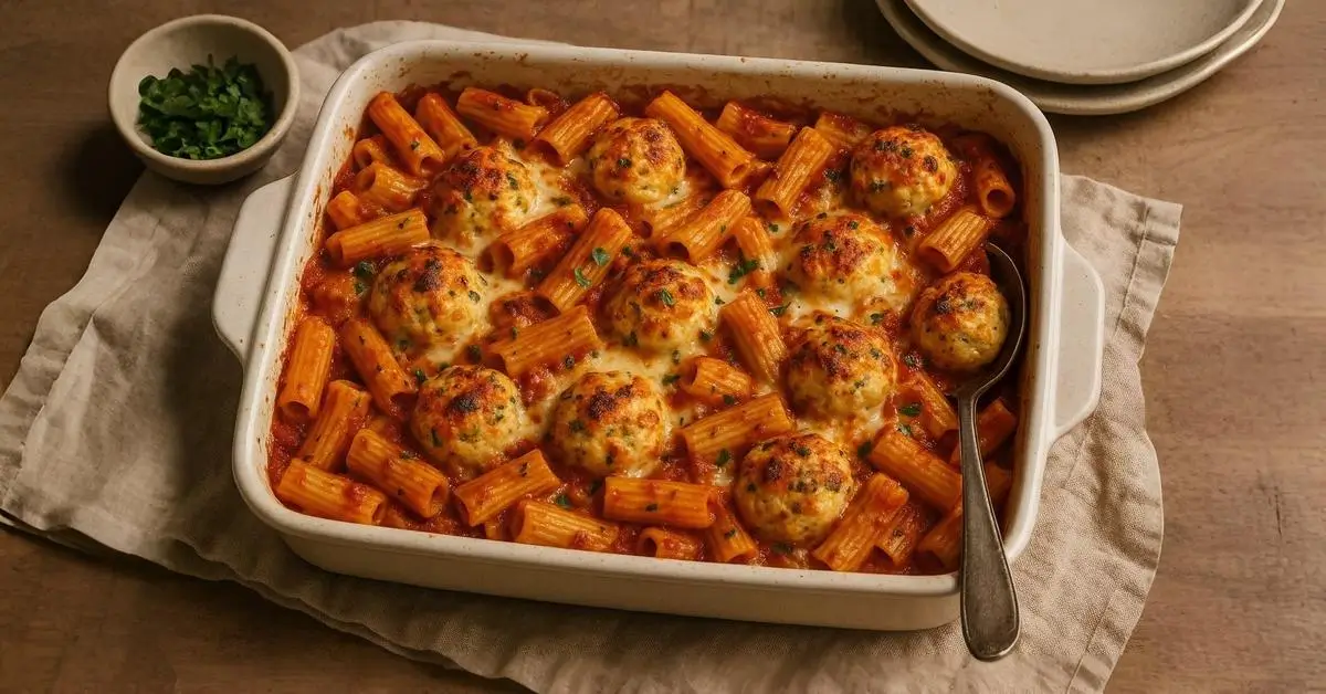 Pasta al forno fatta in casa con polpette di ricotta appena uscita dal forno