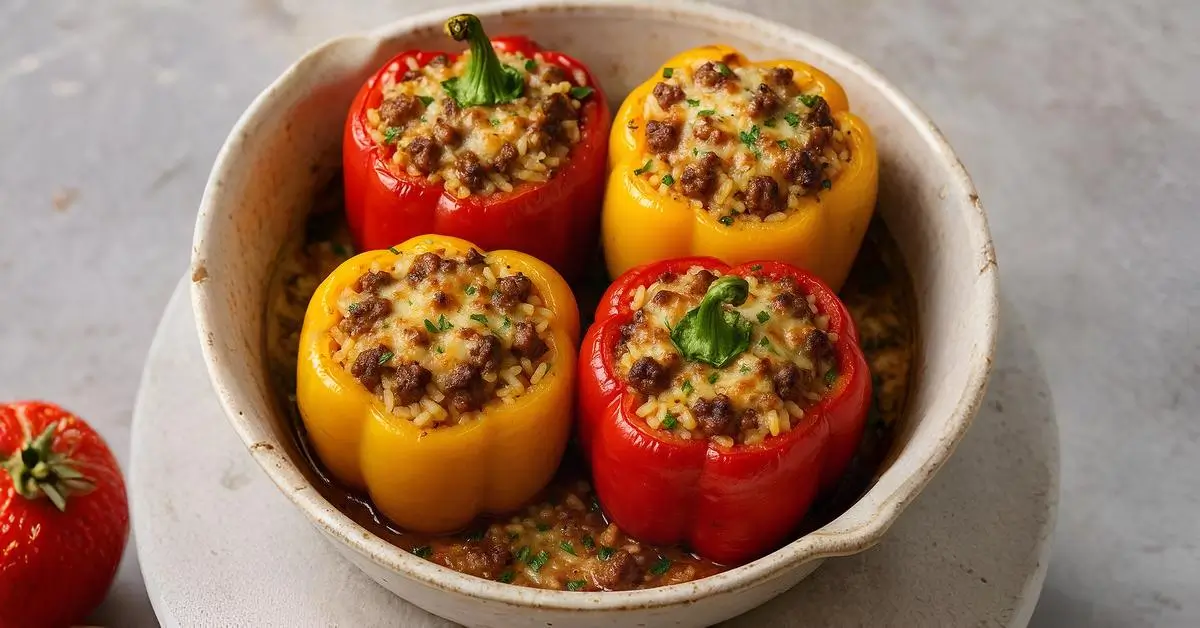 Peperoni ripieni al forno con salsiccia e riso, appena sfornati