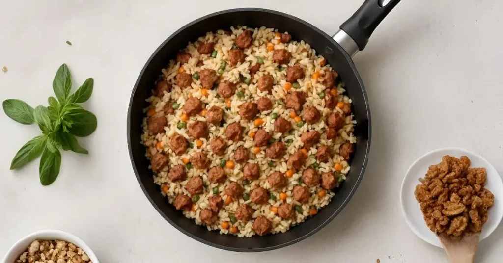 Preparazione del ripieno per peperoni ripieni con riso e salsiccia