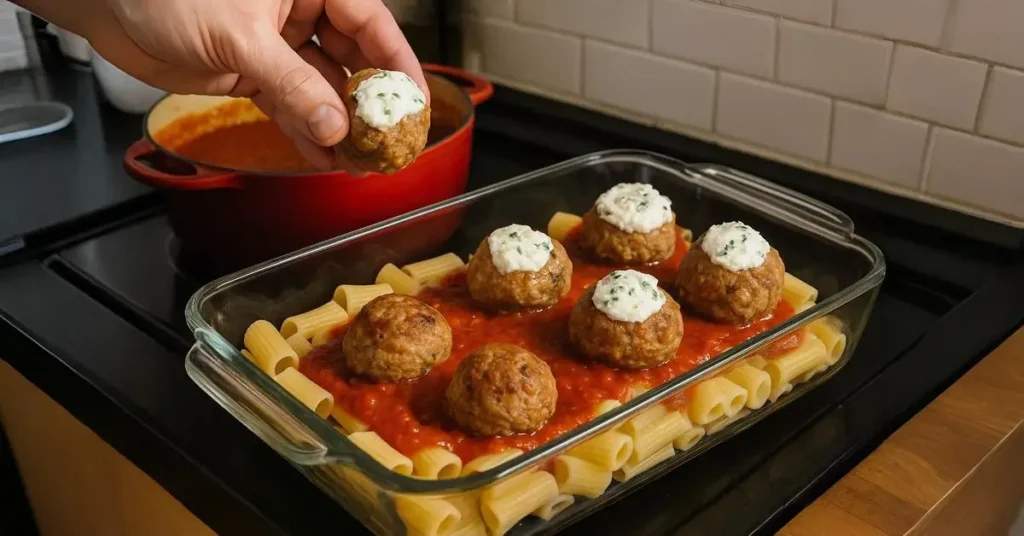 Strati di pasta, sugo e polpette di ricotta disposti in una teglia