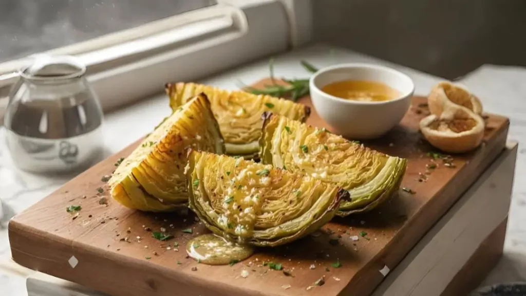beautiful roasted cabbage wedges on a rustic baking tray