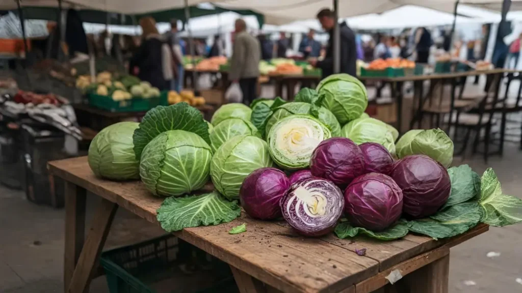 vibrant green and purple cabbage heads side by side